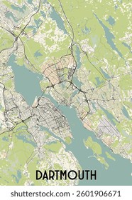 This detailed map showcases the city of Dartmouth, featuring a network of roads, waterways, and surrounding green spaces. The map uses a muted color palette with shades of green, blue, and beige.