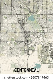 This detailed map showcases the city of Centennial, Colorado, with a focus on its street network and key landmarks. The map is rendered in a minimalist style with black lines representing roads