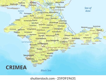 This detailed map showcases the Crimean Peninsula, highlighting its major cities, towns, and geographical features. The map uses a light green color scheme to depict landmasses.