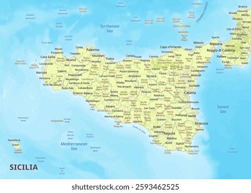 This detailed map showcases the island of Sicily, Italy, with a light green color representing the landmass and a light blue color for the surrounding waters.