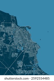 This is a detailed map of Veracruz, a city in Mexico, depicted in a minimalist style. The map features a dark blue background with white lines representing streets and roads.