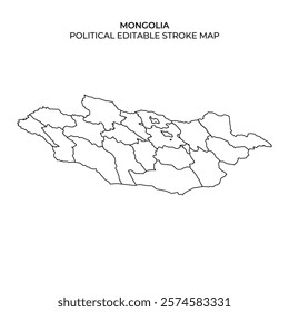 This detailed outline displays the political boundaries of Mongolia, highlighting various regions and provinces. Useful for educational and geographic purposes, it offers clear outlines for editing.