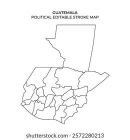 This detailed outline highlights the political boundaries of Guatemala, designed for editing and customization purposes. It showcases the layout of districts and regions across the country.