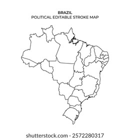 This detailed outline map of Brazil showcases the political boundaries and territories across the nation, making it suitable for educational or design purposes.