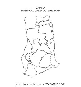 This detailed outline map illustrates the political divisions of Ghana, highlighting regions and boundaries for study or reference purposes. Ideal for educational settings.