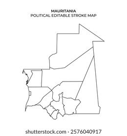 This detailed outline map of Mauritania showcases the countrys political boundaries and regions. Ideal for educational uses, it emphasizes geographical features.