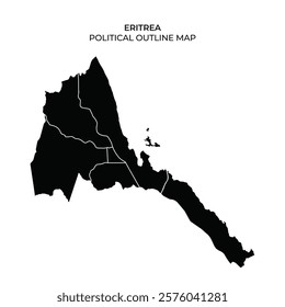 This detailed outline map presents the political boundaries of Eritrea, highlighting various regions and subdivisions across the countrys territory in a clean, minimalist design.