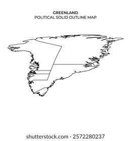 This detailed outline map represents the political boundaries of Greenland, clearly delineating regions and territories in a solid black format. It emphasizes geographical features.