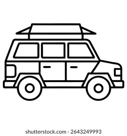 Esta ilustração detalhada e delineada retrata um robusto SUV 4x4 pronto para acampar e aventura. Com um rack de telhado proeminente,
