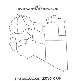 This detailed political map highlights the regions and administrative boundaries of Libya. It features an editable stroke design suitable for various uses.