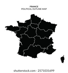This detailed political outline map depicts the regions of France, highlighting the boundaries between various areas in a clear, minimalist style. The map emphasizes geographical divisions.