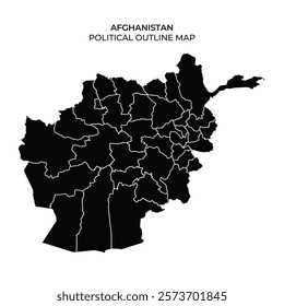 This detailed political outline map highlights the provinces of Afghanistan in black against a white background, providing a clear view of its administrative divisions and geography.