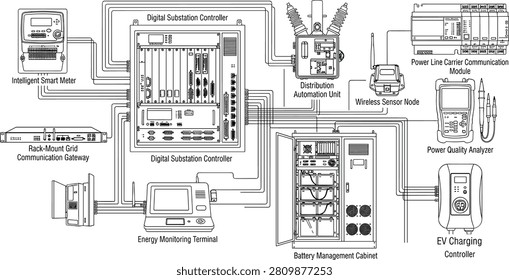 This detailed technical illustration showcases an interconnected smart grid system including digital substation controllers, monitoring tools, and energy storage units. It is perfect for electrical engineering documentation, industrial technology presentations, and educational materials.
