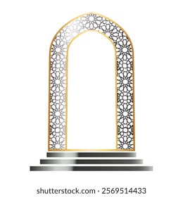 This detailed vector design features a symmetrical arched doorway adorned with star and floral patterns, embodying the sophistication and artistry of traditional Islamic and Moorish styles.