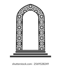 This detailed vector design features a symmetrical arched doorway adorned with star and floral patterns, highlighting the elegance and skilled craftsmanship of traditional Islamic and Moorish art.