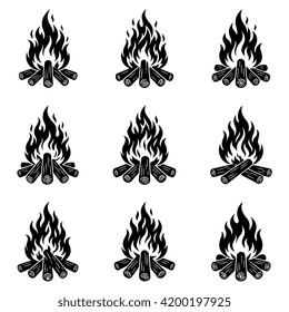 This detailed vector graphic captures a vibrant campfire in full blaze, featuring dynamic orange and yellow flames licking upwards from a structured stack of brown wood logs. The clean, professional style makes it an ideal element for outdoor recreation branding, camping gear promotional materials, or adventure-themed digital assets.