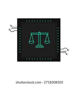 Esta Ilustración vectorial detallada representa una balanza de neón brillante dentro de un diseño moderno de microchip, que representa la intersección de la tecnología y la justicia. Simboliza conceptos como la ética de la IA, la ley cibernética, la regulación digital y la gobernanza tecnológica justa. Ideal para tecnología legal, privacidad de datos y futuras discusiones de justicia.