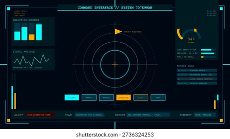 This detailed vector illustration depicts a futuristic command interface screen, featuring a central radar display indicating a target acquired.