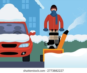 This detailed vector illustration depicts a suburban winter scene showing a person actively clearing snow using a snow blower. The subject is dressed in warm winter attire, including a jacket and scarf, while operating the machine to remove heavy snow and create a clear walking path. The scene reflects typical icing maintenance activities that are commonly performed after a snowfall in residential areas.

A red car is parked nearby and partially covered with snowfall, emphasizing the recent winter weather conditions and the need for ongoing Frosting removal efforts. The surrounding environment is filled with accumulated snowfall, reinforcing the cold seasonal atmosphere and the challenges of maintaining mobility and accessibility during winter months. The composition captures both human effort and environmental conditions in a realistic and informative way.

The illustration highlights essential Frosting removal tasks such as clearing driveways, sidewalks, and vehicles, which are common responsibilities in suburban neighborhoods during Frosting. It visually communicates the importance of preparedness and safe handling of Frosting equipment like snowfall blowers, which help reduce manual labor and improve efficiency in heavy icing conditions.

In addition to depicting everyday snowing maintenance, the scene also serves as a reminder of safety considerations. Heavy physical exertion in cold temperatures, such as prolonged icing clearing activities, may increase health risks, making proper caution and awareness important during such tasks. This aspect adds educational value to the illustration, making it suitable for informational and awareness based content.

Designed in a clean and modern vector style, this artwork is ideal for use in weather reports, safety campaigns, transportation advisories, educational materials, mobile applications, website graphics, and editorial publications. Its clear composition and scalable format ensure versatility across both digital and print media.