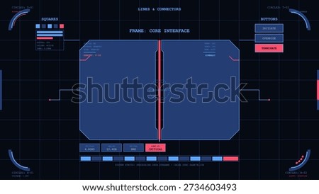 This detailed vector illustration depicts a futuristic dark blue digital user interface showing complex system status indicators, a critical alert level.
