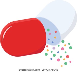 This detailed vector illustration features an open pharmaceutical capsule, with colorful granules spilling out.