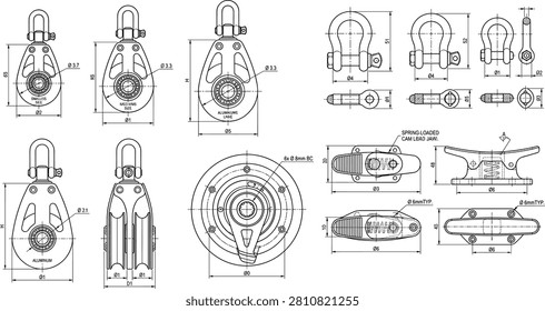 This detailed vector illustration features technical schematics for various sailing and marine hardware components such as pulley blocks and shackles. It is ideal for engineering manuals, marine equipment catalogs, and industrial design projects.
