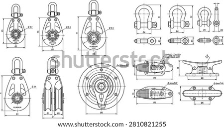 This detailed vector illustration features technical schematics for various sailing and marine hardware components such as pulley blocks and shackles. It is ideal for engineering manuals, marine equipment catalogs, and industrial design projects.
