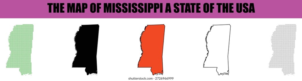 This detailed vector illustration presents five distinct graphic representations of the state of Mississippi USA It includes dotted solid black orange filled and outlined variations providing versatile visual options for geography education and design projects on a white background