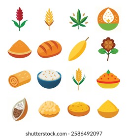  This detailed vector illustration showcases a variety of grains and cereals, perfect for food-related projects. 