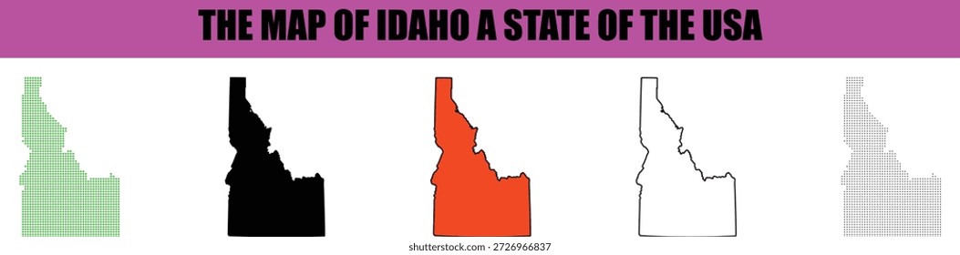 Esta Ilustración vectorial detallada muestra cinco representaciones estilísticas diversas de las Variantes de mapas del estado de Idaho, que incluyen un patrón verde punteado, una silueta negra sólida, un color naranja vibrante, un contorno negro limpio y una versión gris sutil punteada. Estas gráficas presentadas sobre un fondo blanco limpio son ideales para materiales educativos, estudios geográficos y varios proyectos de diseño