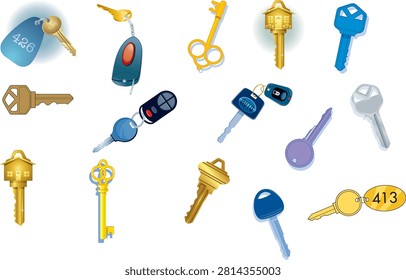 This detailed vector illustration showcases a diverse collection of 15 individual key-related items, including modern metal keys, traditional brass and silver keys, antique-style skeleton latchkey, decorative house-shaped novelty keys, and automotive key fobs with attached tags. The collection represents various types of latchkey used for homes, vehicles, security systems, and decorative purposes, making it a versatile visual asset for locksmith services, security concepts, home ownership themes, automotive designs, and everyday lifestyle projects.

Keys have been an essential part of human civilization for centuries, representing access, security, ownership, privacy, and protection. This illustration captures the evolution of key by presenting both traditional and modern designs in one comprehensive collection. From classic mechanical key to contemporary car remotes, the artwork highlights the diversity and importance of key technology in everyday life.

The collection includes seven standard modern metal latchkey made from brass or silver-colored materials. These types of latchkey are commonly used for residential doors, offices, storage areas, and security locks. Their simple yet functional designs represent everyday access solutions and are instantly recognizable symbols of home defense and personal ownership.

The illustration also features three ornate antique-style skeleton unlocks. Skeleton unlocks are historically significant designs known for their decorative appearance and long stems with intricate patterns. They are often associated with vintage architecture, historical buildings, old furniture, treasure concepts, and classic design aesthetics. Their elegant shapes add a sense of nostalgia and craftsmanship to the set.

Two house-shaped novelty unlocks are included, combining functionality with creative design. House-shaped unlocks represent themes of home ownership, real estate, family, comfort, and defense.
