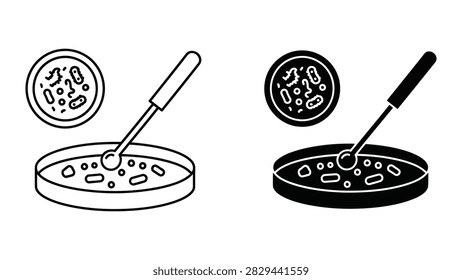 This detailed vector illustration showcases essential microbiology tools: a petri dish filled with bacteria or microorganisms and an inoculation loop