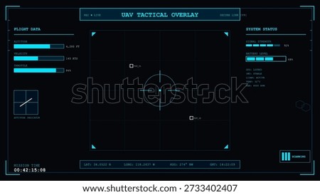 This detailed vector illustration shows a futuristic tactical drone heads-up display (HUD) interface. It features real-time flight telemetry, system diagnostics.