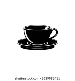 This detailed vector image showcases a black coffee cup and saucer. The cup has a handle and rests perfectly centered on the saucer against a clean white background.
