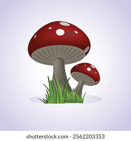 This is a detailed and vibrant illustration featuring two iconic 3D red mushrooms with white spots, commonly known as Amanita muscaria or fly agaric mushrooms.isolated on gradient background .Eps 10