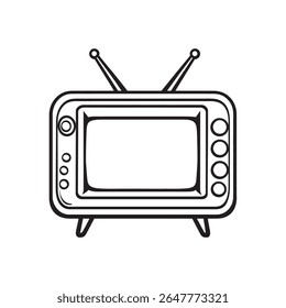 Esta ilustração de televisão vintage detalhada apresenta uma vibração retro com um fundo transparente, apresentando um contorno preto limpo que destaca seu design clássico e antena.
