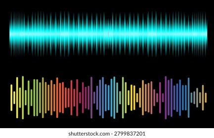 This diagram displays two different sound waves on a black background. The upper half shows a glowing bluish-green waveform appearing as a series of vertical bars of varying heights, representing the active audio signal. The lower half shows a colorful segmented equalizer waveform, with each vertical bar in a vibrant shade, creating a fun and lively sound representation.