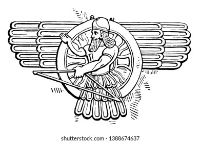 This is the diagram of Feloher from Nineveh. It looks like the man is holding in hand something like rod, vintage line drawing or engraving illustration.