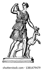 This is Diana's idol. There is a deer on her side and a bow arrow on the back, vintage line drawing or engraving illustration.