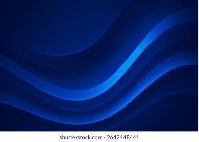 This digital abstract image features smooth, flowing waves in varying shades of deep and vibrant blue. The layered curves create a fluid, modern look with a glowing center, evoking a sense of motion.