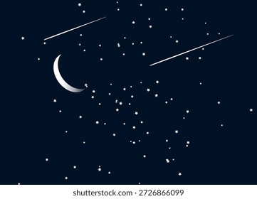 Esta obra de arte digital representa una escena celestial serena. Sobre un fondo azul marino profundo, una luna creciente de gradiente plateado descansa entre un cúmulo de estrellas de cinco puntas. Dos estrellas fugaces lineales y afiladas recorren el cielo, creando una sensación de movimiento y asombro.