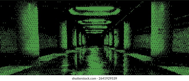 This digital artwork depicts a vibrant, pixelated corridor with green hues, highlighting an underground space.  Bitmap y2k zine bg. 