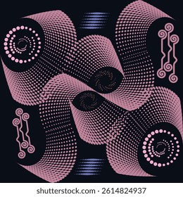 This digital artwork features an abstract futuristic design composed of dynamic flowing waves made of pink halftone dots, radiating around swirling spiral elements. Accented by geometric, circuit-like
