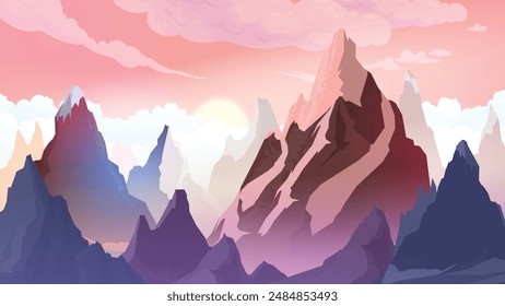 Dieses Digitalkunstwerk bietet eine atemberaubende Berglandschaft, die sich perfekt für Desktop-Bildschirmhintergrund und Poster eignet. Die Szene ist in einem lebendigen Anime-Stil mit satten, lebendigen Farben und komplexen Details wiedergegeben