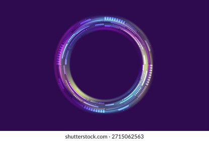 Esta obra de arte digital presenta un llamativo efecto de portal holográfico rodeado de Elementos dinámicos HUD. El diseño muestra capas de luz en vibrantes tonos púrpura y azul, evocando una sensación futurista.