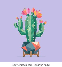 This digital artwork features a stylized cactus with sharp geometric facets and vibrant pink and orange blossoms. The plant is housed in a multi-colored polygonal pot resting on a simple wooden stand. The composition is set against a solid light purple background, creating a clean and modern aesthetic