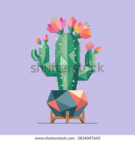 This digital artwork features a stylized cactus with sharp geometric facets and vibrant pink and orange blossoms. The plant is housed in a multi-colored polygonal pot resting on a simple wooden stand. The composition is set against a solid light purple background, creating a clean and modern aesthetic