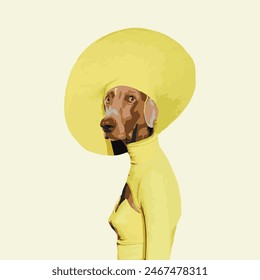 This digital artwork features a whimsical and stylish dog with human-like features. The dog wears a yellow turtleneck sweater and a matching wide-brimmed hat, creating a unique and fashionable look.