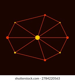 This digital artwork shows a geometric network of interconnected orange and yellow dots against a dark background representing structural explosion