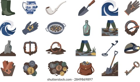 This digital collection features various equipment used during amateur artifact exploration and coastal scavenging adventures. Flat icons display essential tools like sturdy boots alongside unearthed historical items such as antique ceramic fragments plus rusted rings. These graphic elements illustrate the exciting hobby of finding lost treasures buried within soil amidst sand environments.